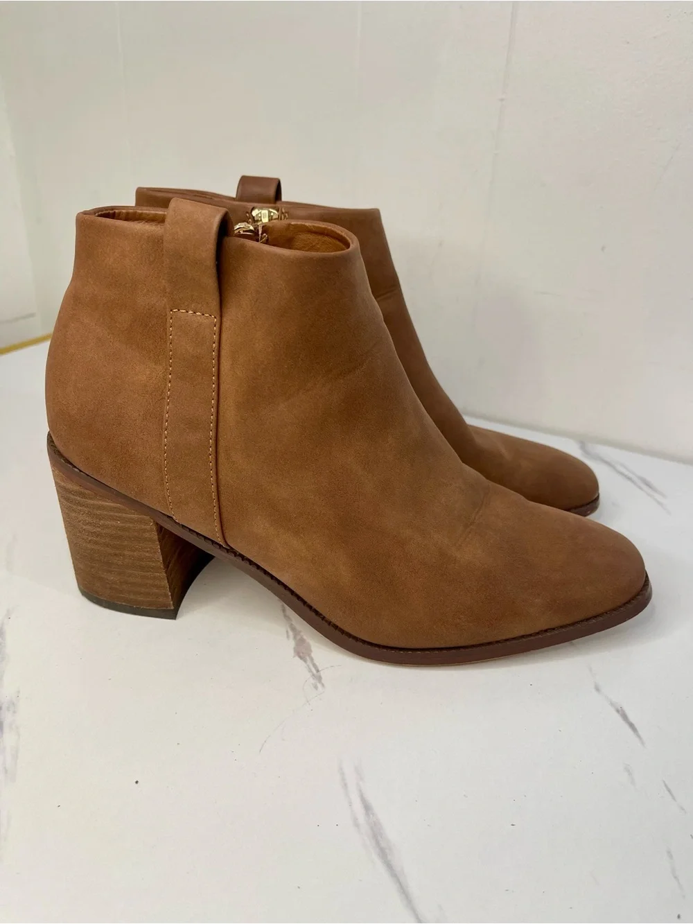 Nautica Women's Cognac Suede Ankle Booties with Stacked Heel Size 9.5 M